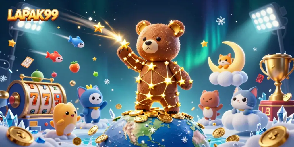 LAPAK99 showcases an enchanting casino scene with a constellation bear and vibrant slot symbols.