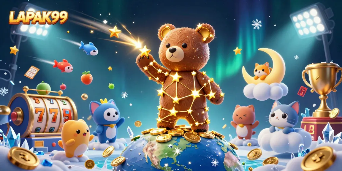 LAPAK99 showcases an enchanting casino scene with a constellation bear and vibrant slot symbols.