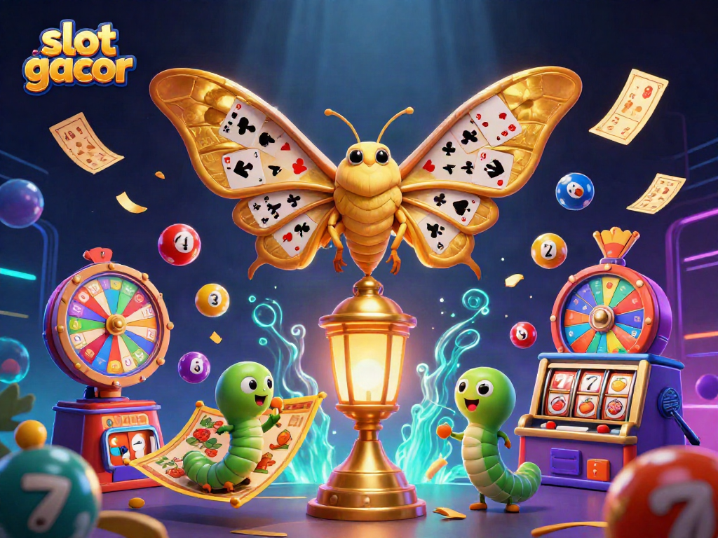 Slot gacor menampilkan ilustrasi kasino digital penuh warna dan menarik dengan undian dan simbol slot.