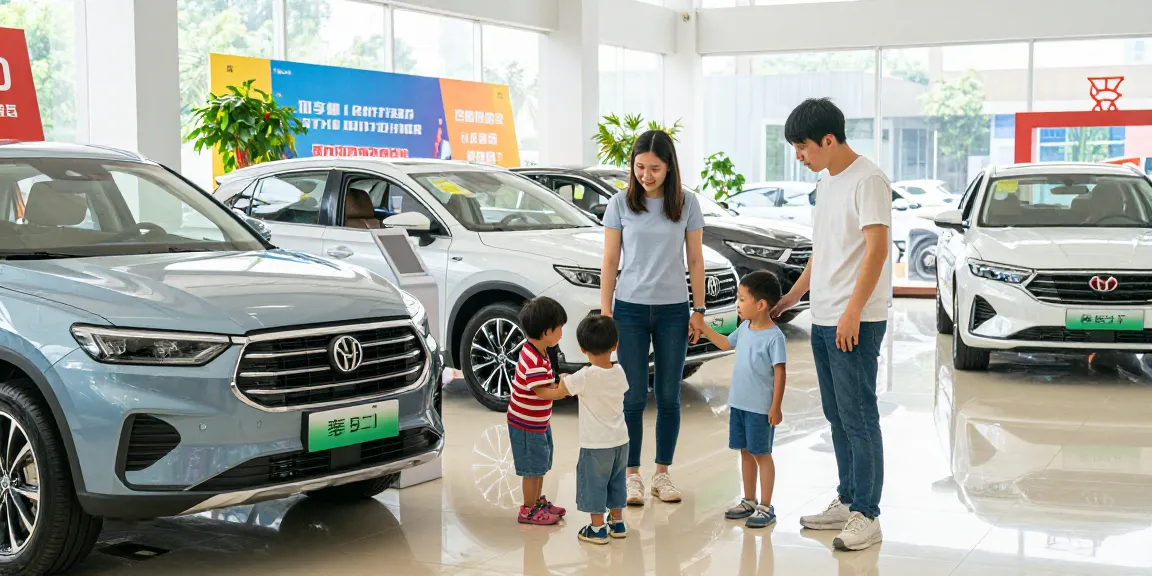Menampilkan keluarga yang menjelajahi Prestige Motors, dengan SUV bekas yang memikat dan anak-anak bermain di sekitar sedan, menciptakan pengalaman membeli mobil yang menyenangkan.