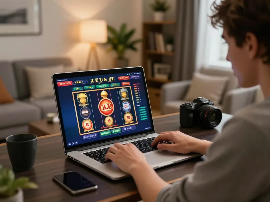 Engaged player spinning the zeus slot online with laptop at home, emphasizing exciting gameplay.