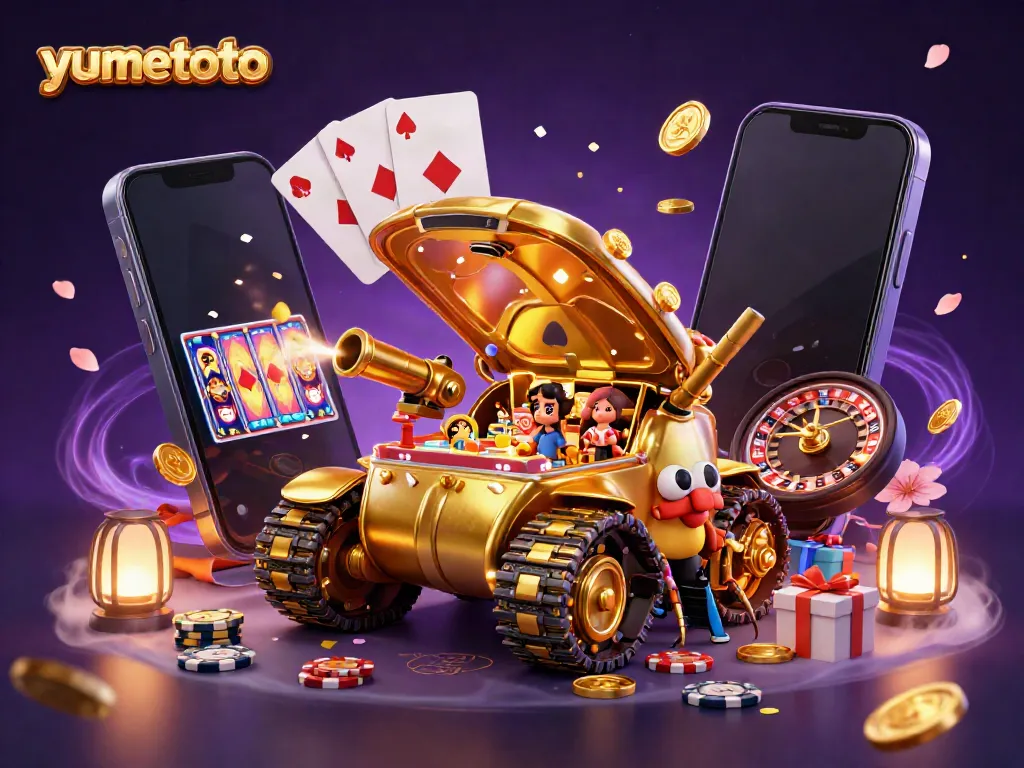 Experience the thrill of yumetoto with a vibrant casino scene featuring an imaginative golden beetle tank filled with games and coins.