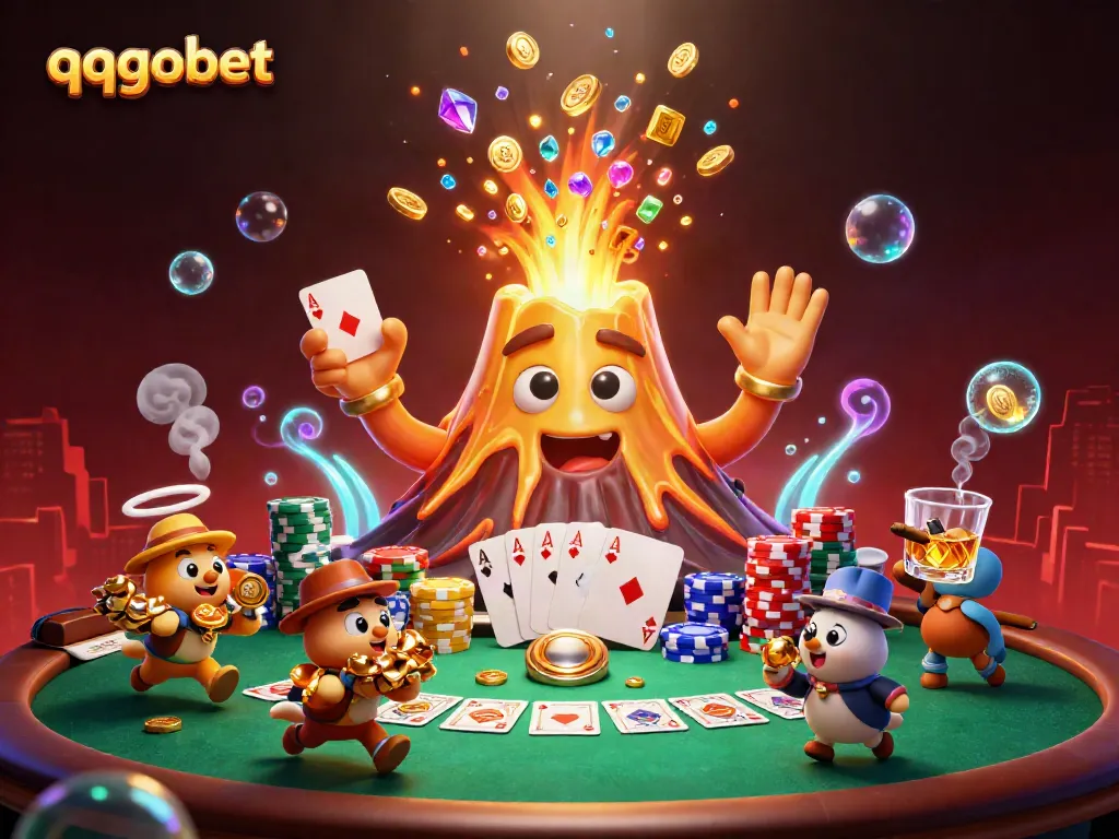 Experience thrilling gaming at qqgobet with animated golden volcano and treasure elements.