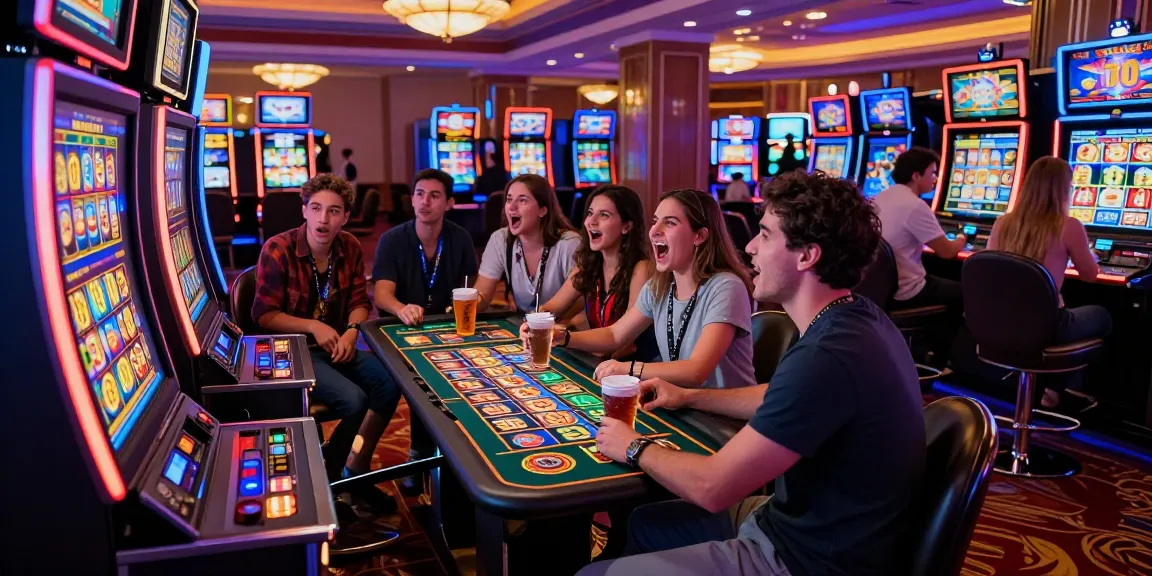 Excited players at a slot gacor machine celebrating a big win in a lively casino.