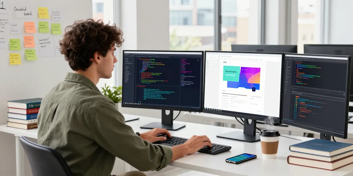 website developer near me working in a modern office environment, coding on dual monitors with vibrant web design displays.