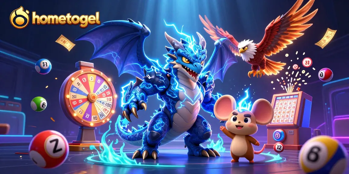 Join the excitement of hometogel with vibrant lottery elements and dynamic characters in this thrilling illustration.