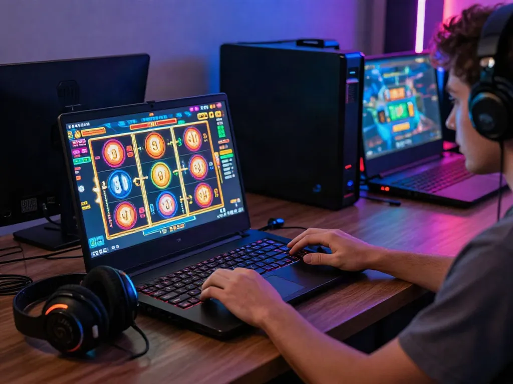 Pengguna NAGAHOKI303 bermain slot online dengan laptop gaming yang cerah dan grafis menarik.