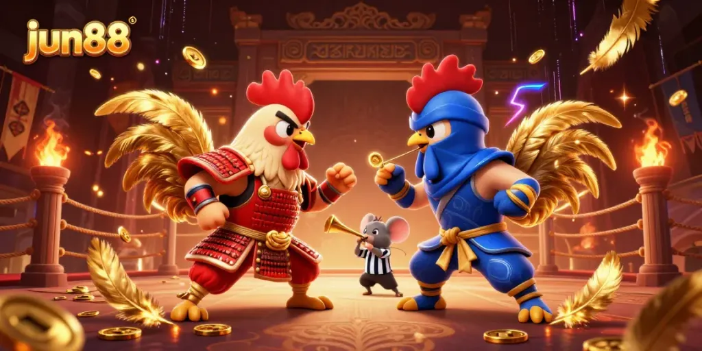Engage in thrilling jun88 betting with 3D cartoon roosters battling in a dynamic arena.