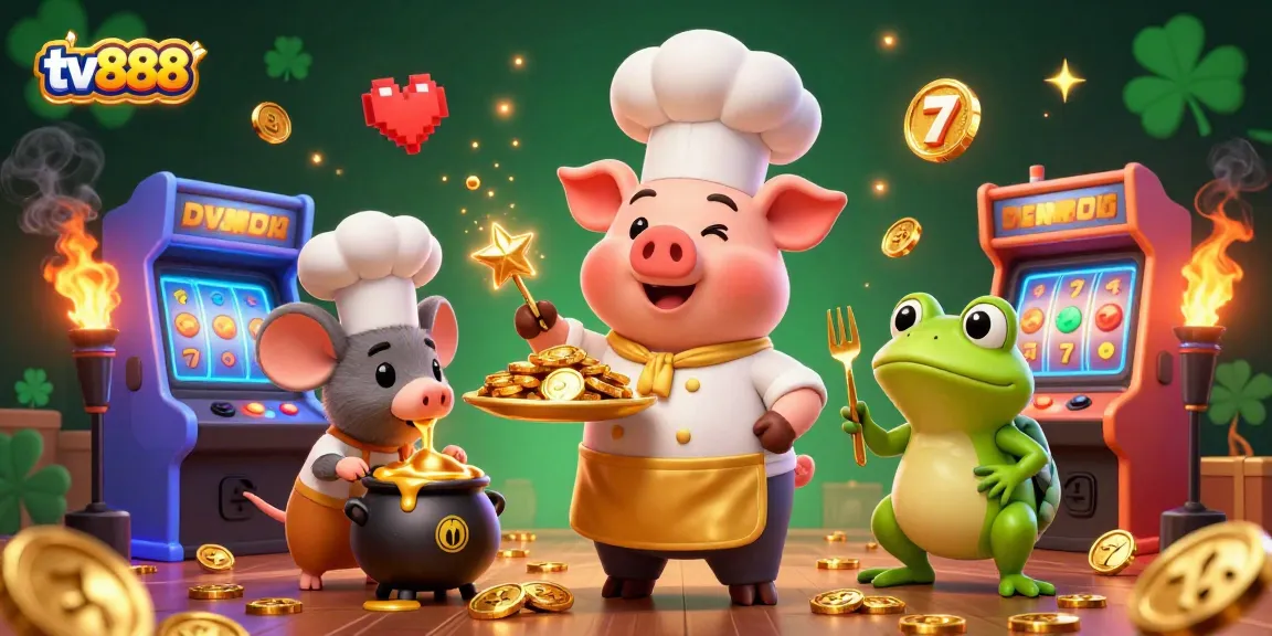 Engage in thrilling gameplay at tv888, featuring vibrant animation of a chef pig serving gold coins in a lively gaming scene.