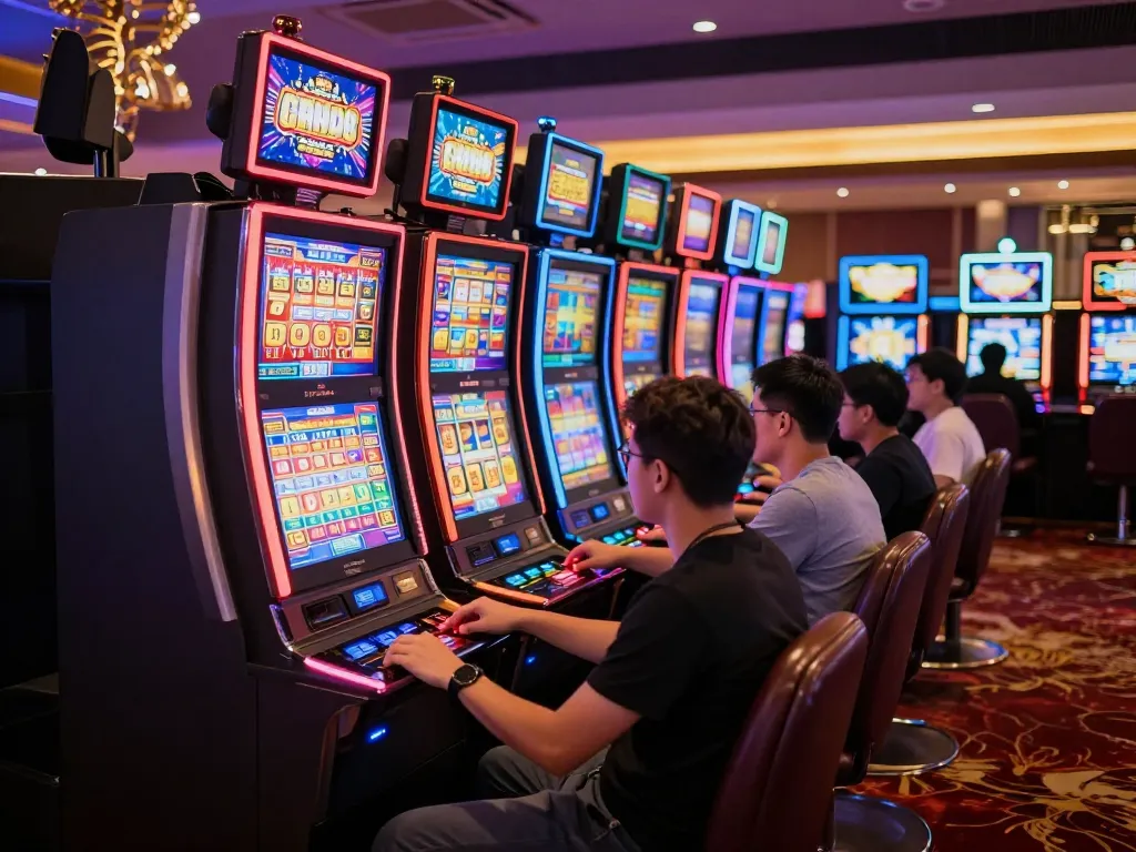 Players enjoying slot gacor games at vibrant casino machines, highlighting excitement and engagement