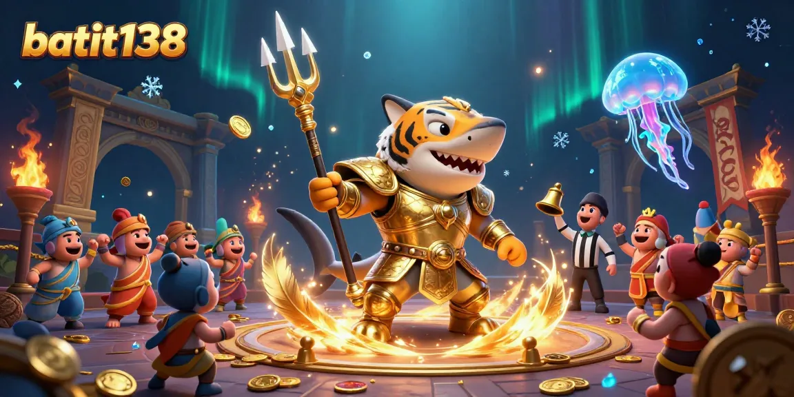 Permainan judi batik138 menampilkan hiu kartun ganas bersenjatakan trident dalam arena bawah laut yang megah.