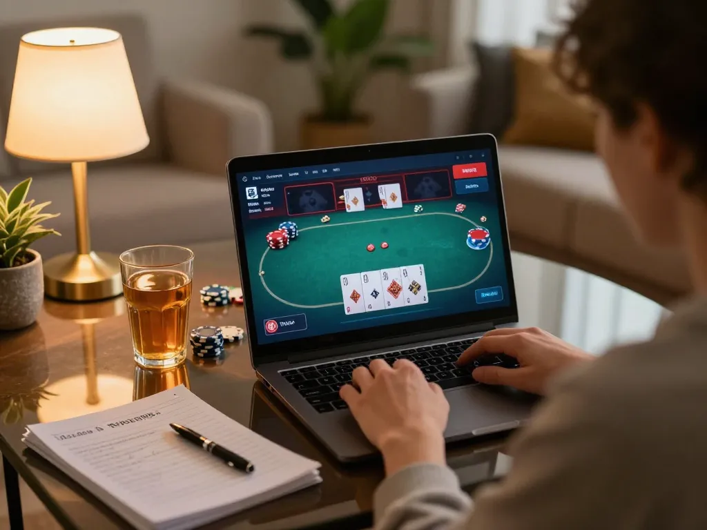MPOID enhances online poker gameplay with strategic insights on a cozy home setup