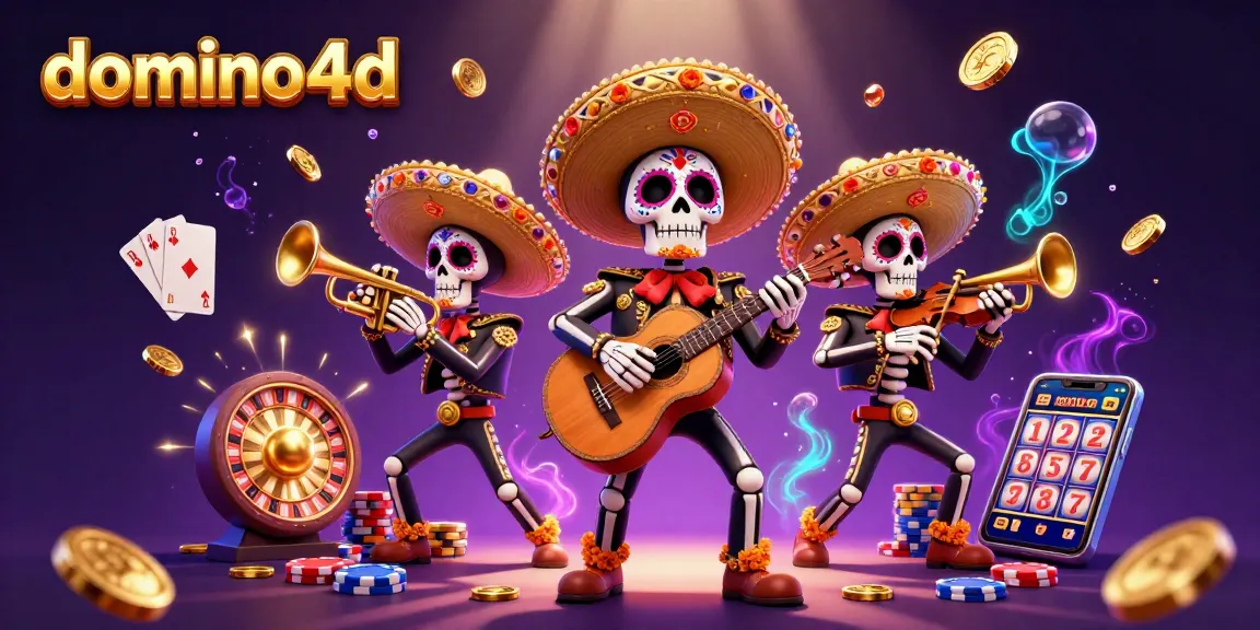 Gambarkan permainan seru domino4d dengan band mariachi tengkorak di kasino, dikelilingi koin emas dan kartu.
