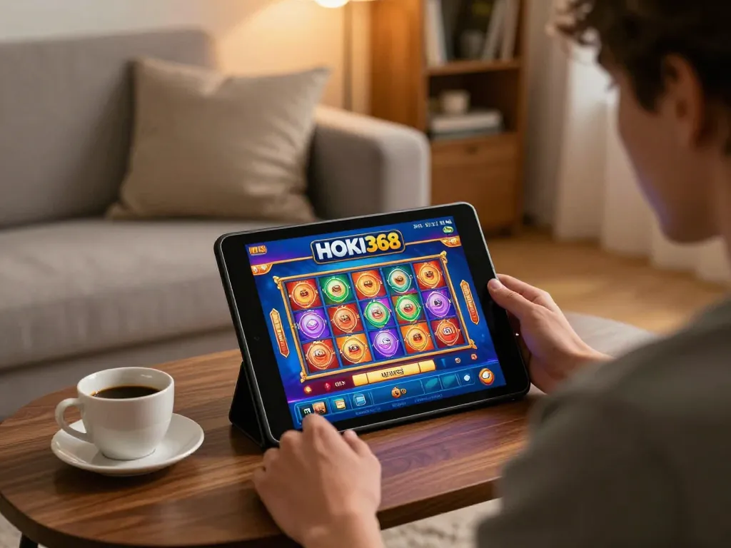 Pemain terlibat yang menyelami permainan slot online HOKI368 dalam suasana rumah yang nyaman.
