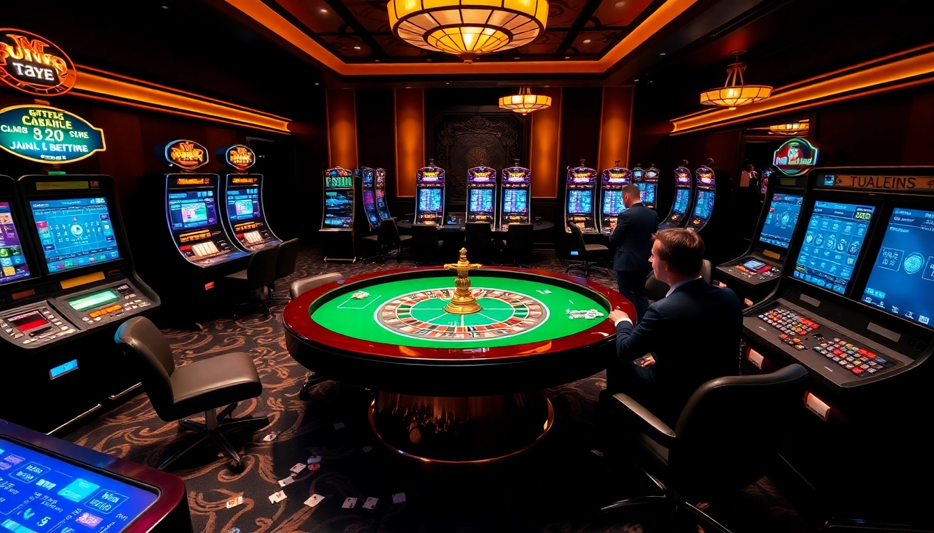 Experience excitement at https://tg88link.com/ with a luxury casino scene showcasing poker and slot machines.