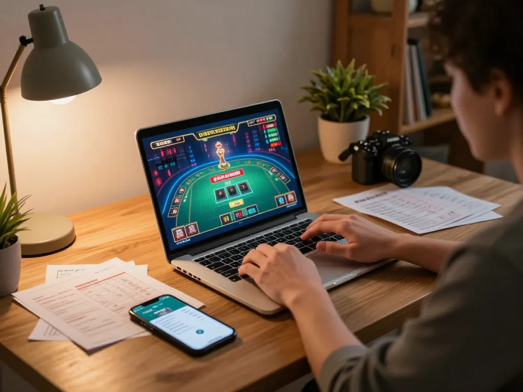 BAYITOTO player engaged in live casino gameplay at home using laptop, showcasing strategic gaming atmosphere.
