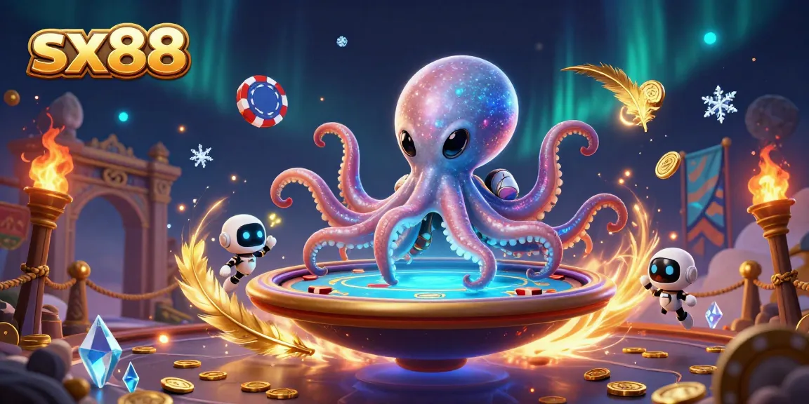 SX88 showcases a vibrant alien octopus at a holographic poker table in an exciting online casino scene.