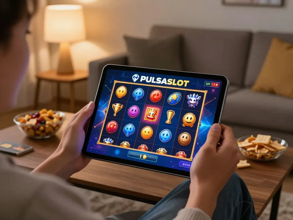 PULSASLOT player enjoying an online slot game in a cozy living room environment.