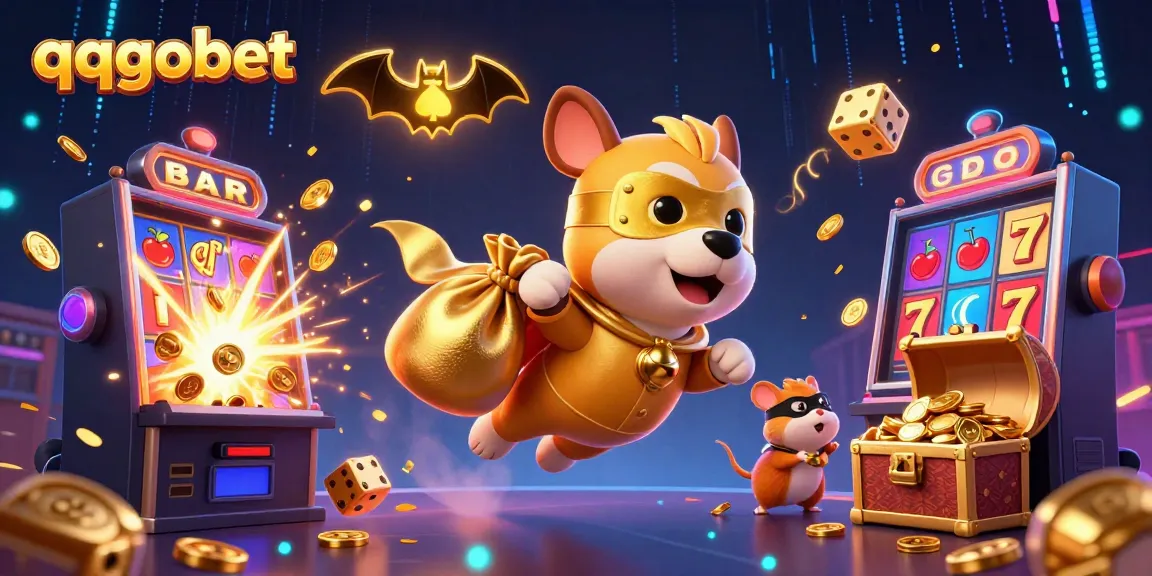 qqgobet menghibur pemain dengan ilustrasi detail 3D superhero anjing menerbangkan koin emas dan mesin slot yang terpecah dengan koin berhamburan