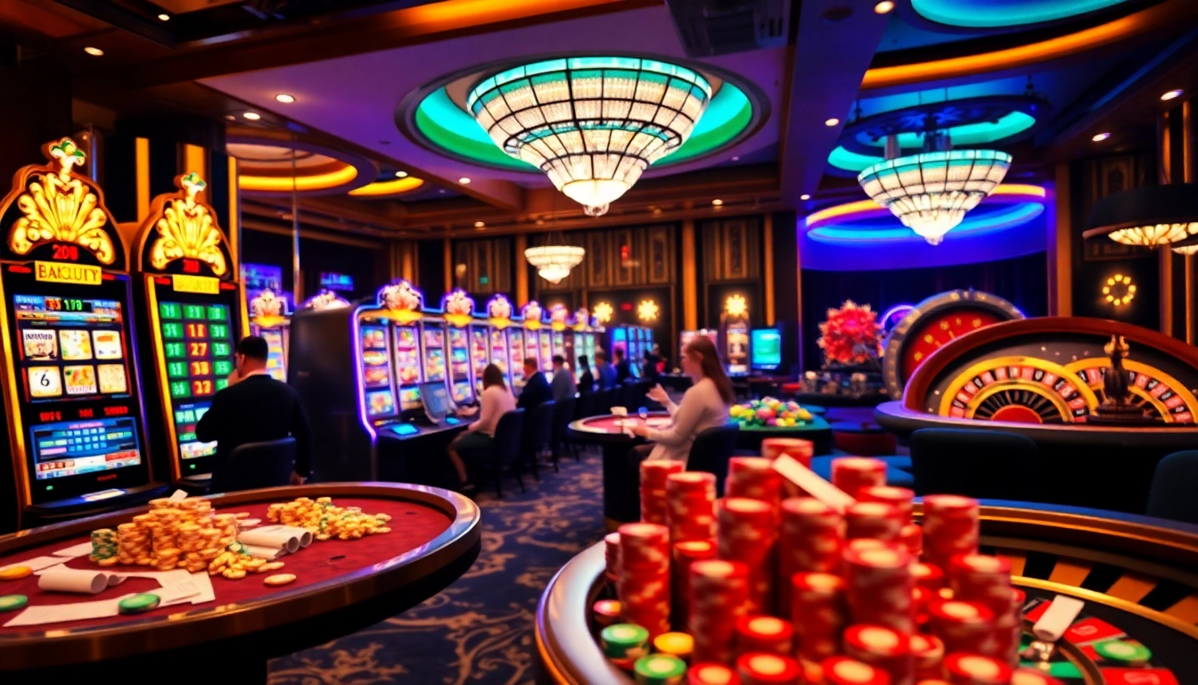 Play the idnslot at a luxurious casino, with vibrant slot machines and colorful poker chips.