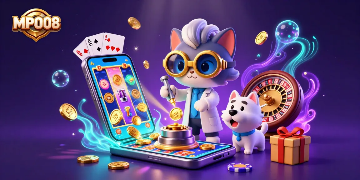 MPO08 gamers celebrating wins with gold coins and vibrant slot games in a colorful, animated scene.
