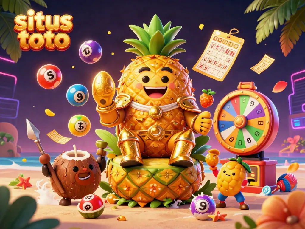 Experience the thrilling world of situs toto with a vibrant lottery and casino scene featuring a golden pineapple king.