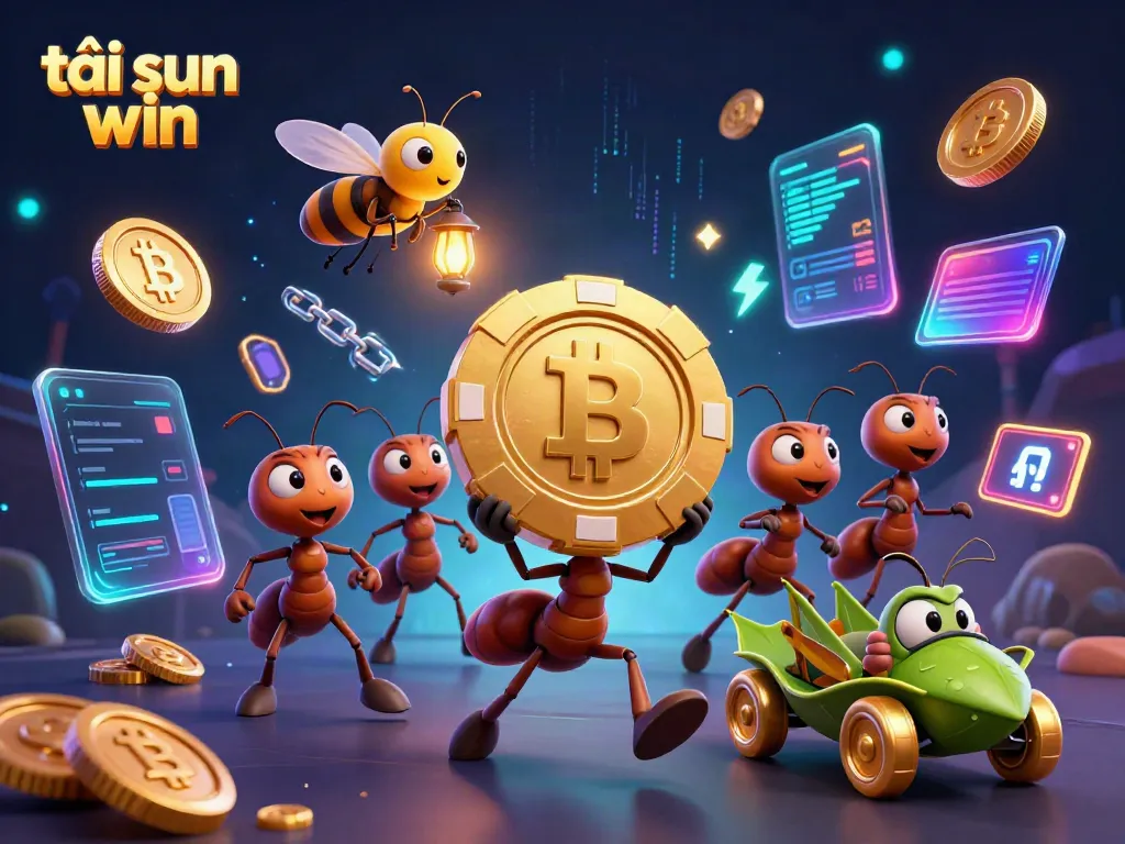 Engage in virtual gambling with tải sun win as animated ants capture a massive poker chip in a vibrant casino scene.