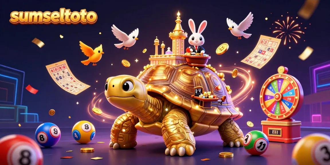 Experience thrilling lottery action with sumseltoto featuring a vibrant illustration of a golden tortoise casino and dynamic game elements.