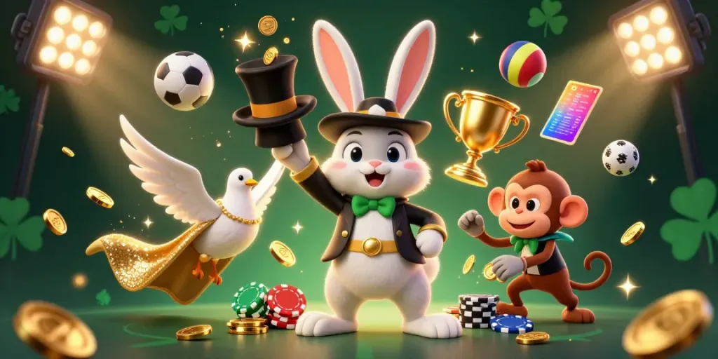Experience thrilling gaming action with mataramtoto, featuring a magician rabbit and companion characters collecting coins.