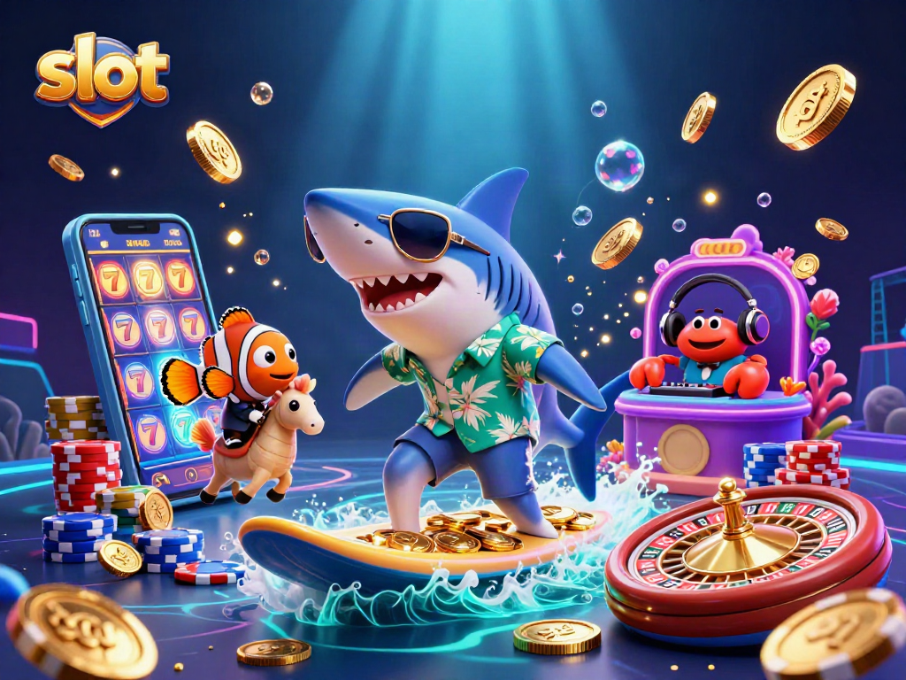 Experience thrilling slot excitement with vibrant sea creatures surfing on gold coins.