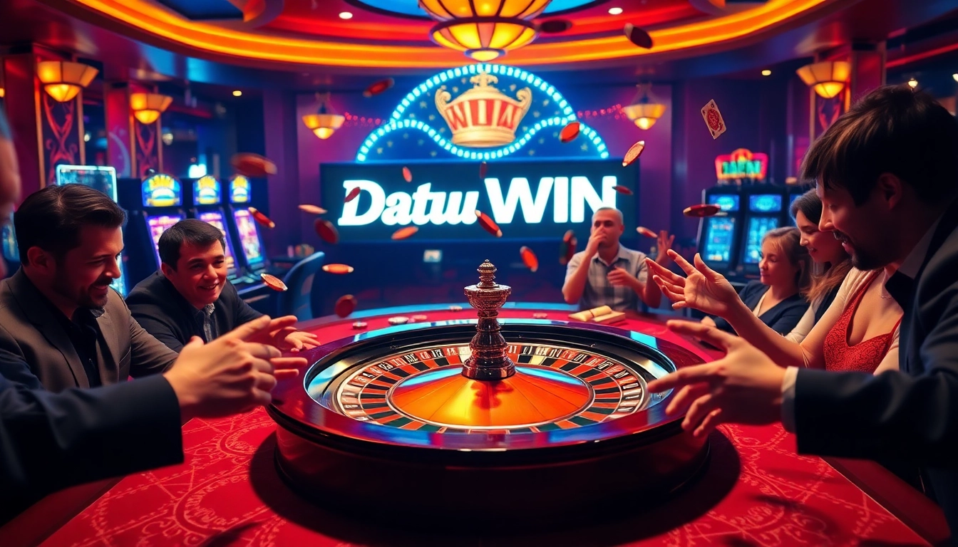Pemain merayakan kemenangan Datuk di kasino mewah dengan permainan poker yang hidup dan meja rolet.
