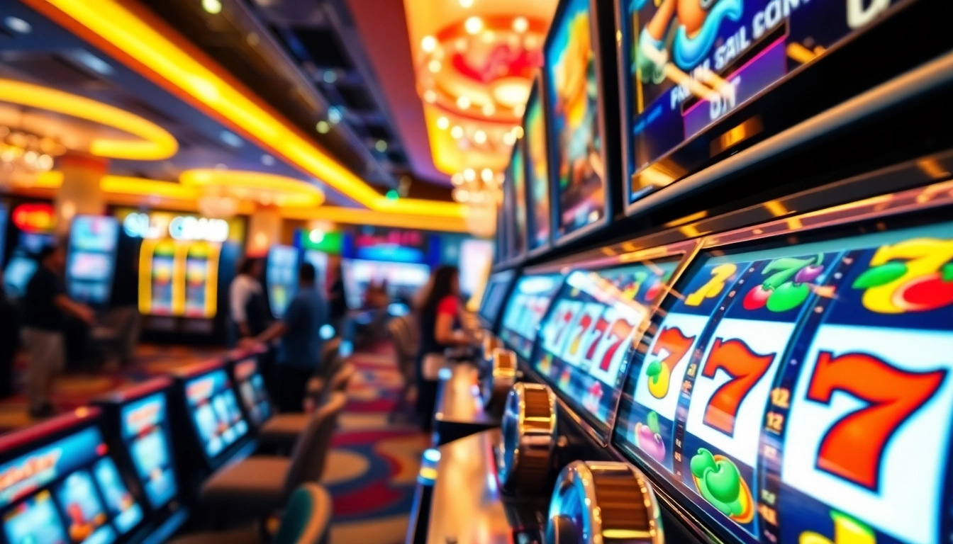 Engage with the exciting slot88 machines in a vibrant casino atmosphere, showcasing spinning reels and dynamic gameplay.