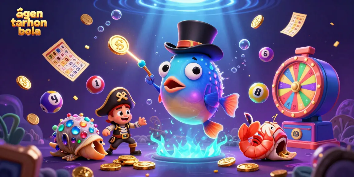 Engage with agen taruhan bola to see an anglerfish attracting golden coins amid vibrant gambling elements.