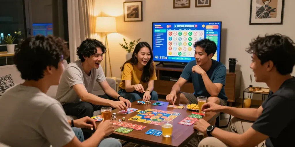Friends enjoying Bandar Togel 4D game night with snacks and excitement.