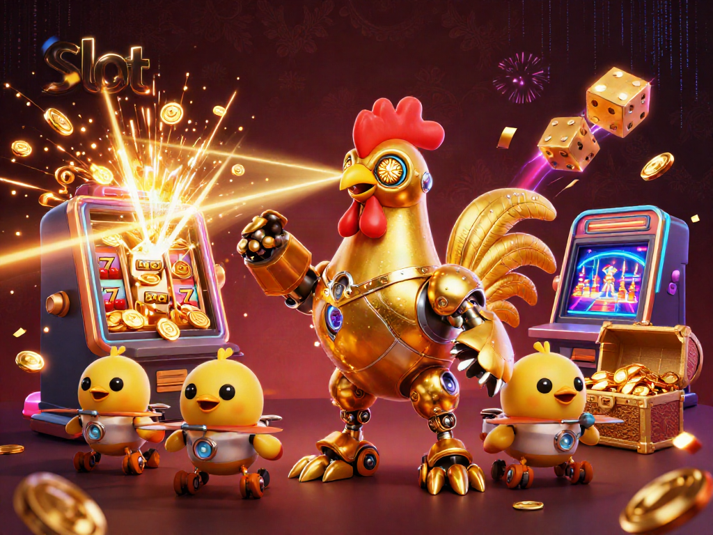 Slot memicu ledakan jackpot dari mesin slot besar di tengah karakter robot ayam emas.