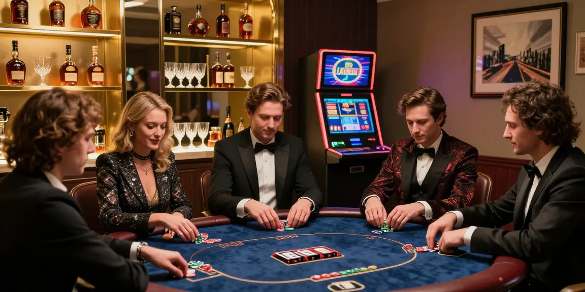 Lingkungan bermain mewah LUXURY777 Situs Resmi Terbaru dengan meja poker elegan dan pemain bergaya di ruang kasino.