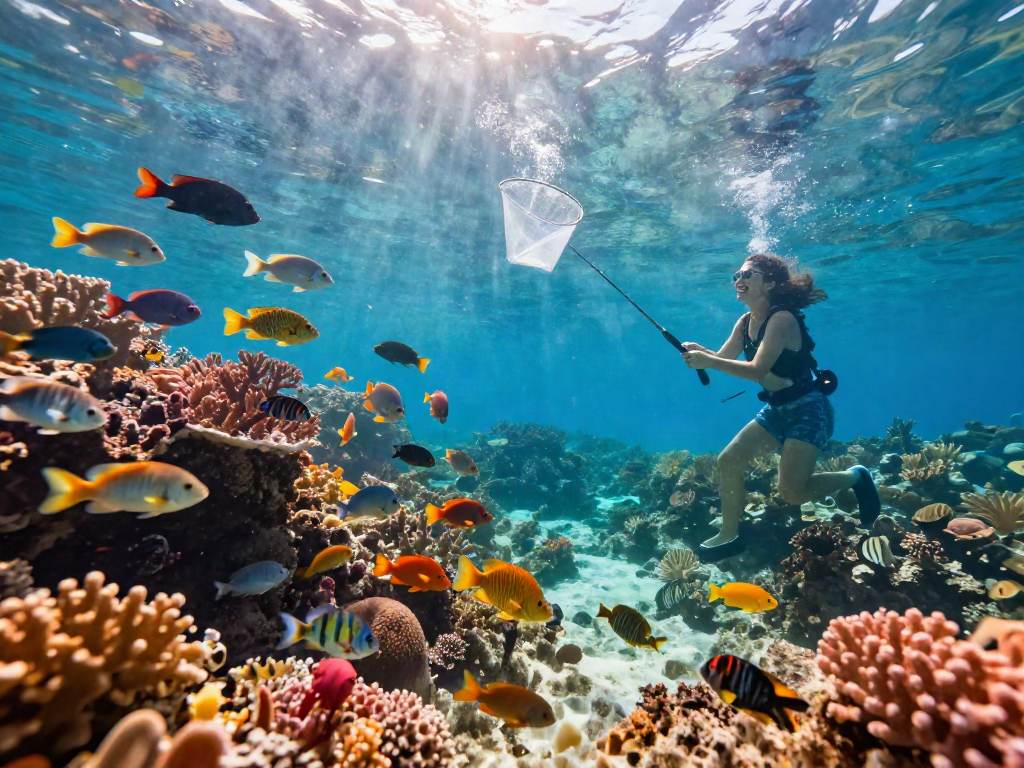 Engaging underwater scene of "lại là Bắn cá đổi thưởng" with a person fishing and colorful fish.