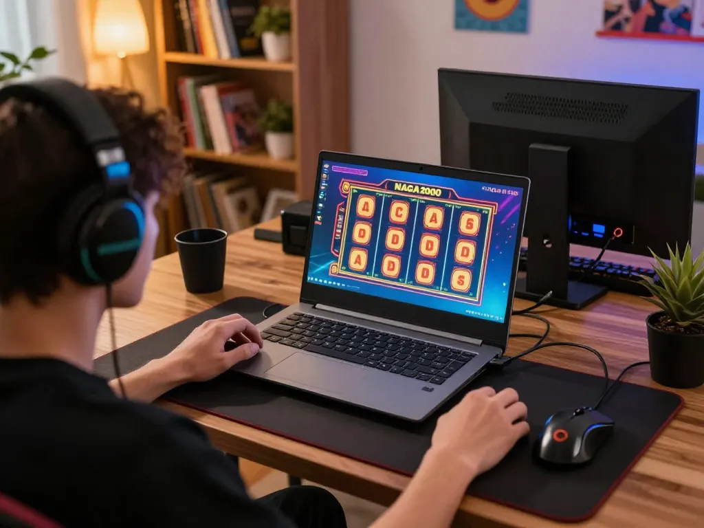 NAGA2000 player spinning slot reels on laptop in cozy home office setting