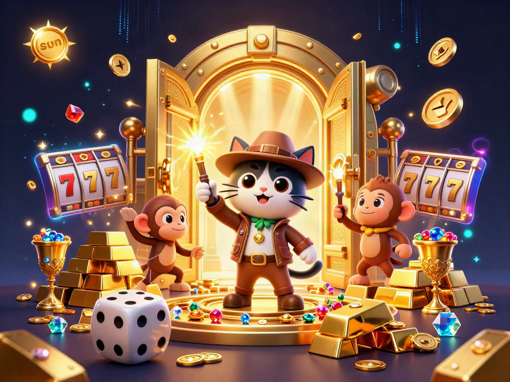 Experience thrilling slots and jackpots with sun-themed gaming elements featuring vibrant treasures.