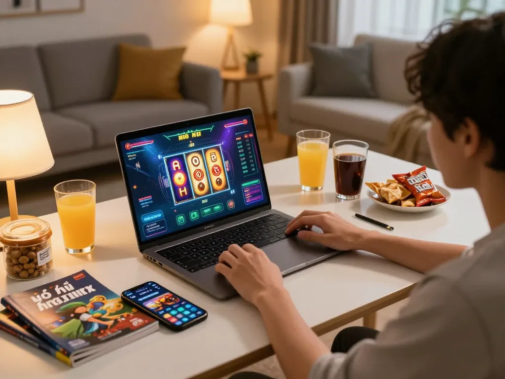 Playing game nổ hũ on a laptop in a cozy home setting with snacks and strategy notes