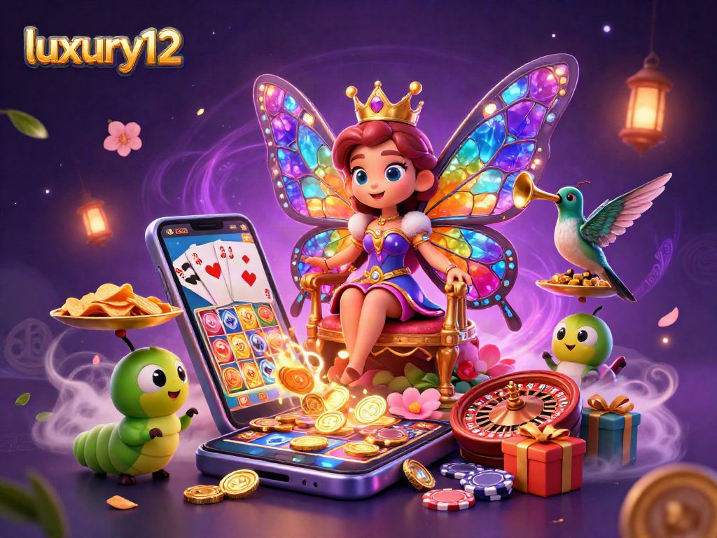 Luxury12 butterfly queen adorned in jewels amidst 3D casino-themed elements, celebrating rich gaming.