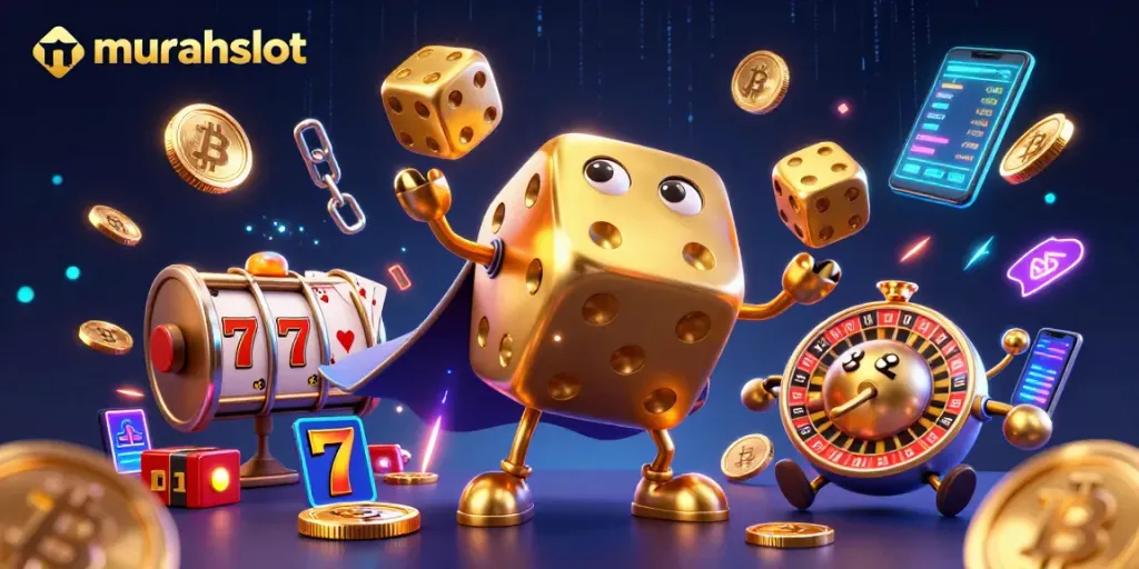 Jelajahi dunia murahslot dengan dadu emas dan simbol slot yang memikat, siap untuk menang!