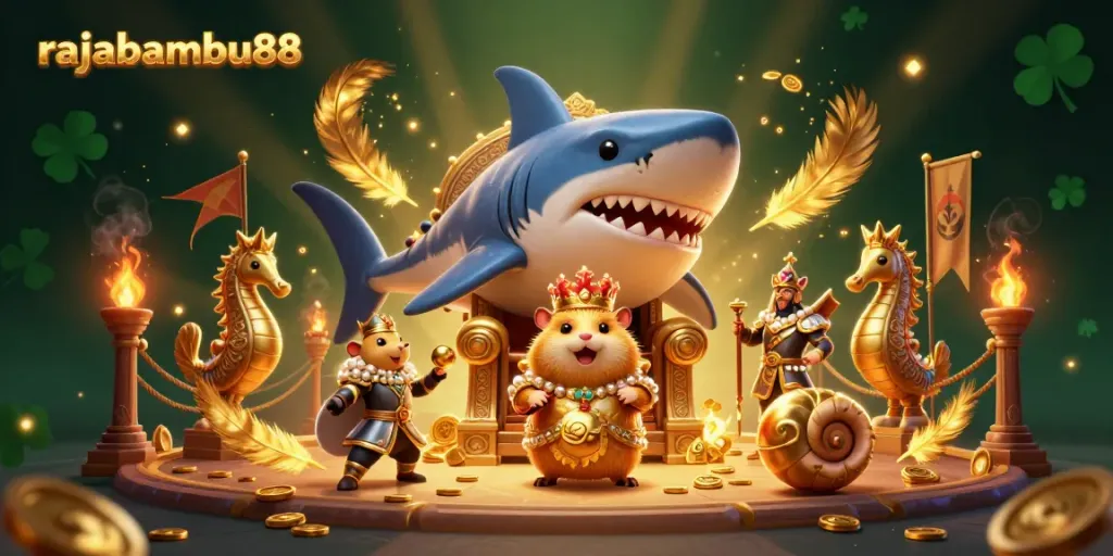 Permainan slot menarik di rajabambu88 dengan raja hamster yang duduk di atas mahkota megah sambil dikelilingi ujung koin emas.