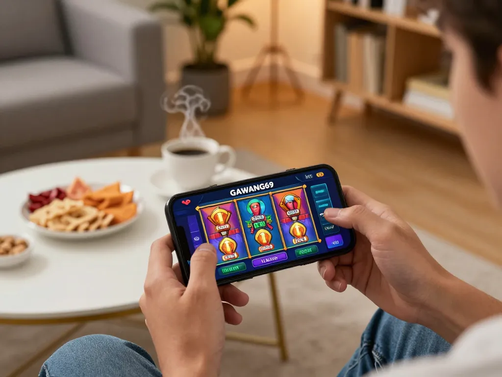 Engaging with GAWANG69 app in a cozy home setting while enjoying online gaming.