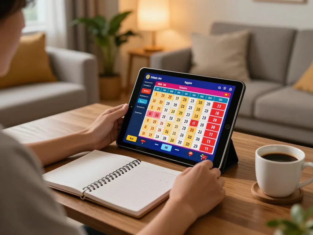 Person using tablet for togel gaming at home, showcasing interactive gameplay and strategies.