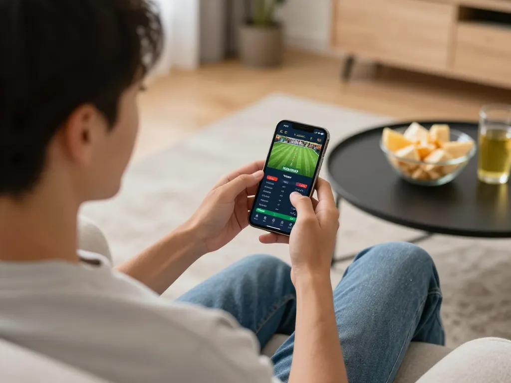 Sports betting enthusiast placing bets on the 78win app while relaxing at home