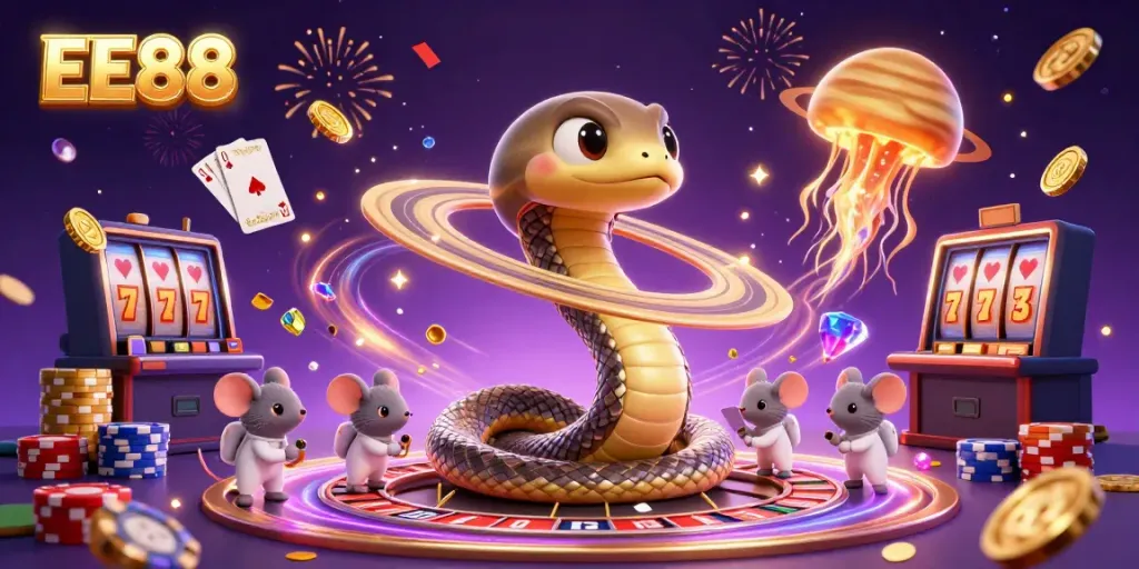 Experience the excitement of EE88 with a whimsical scene of a Saturn ring snake and astronaut mice placing bets.