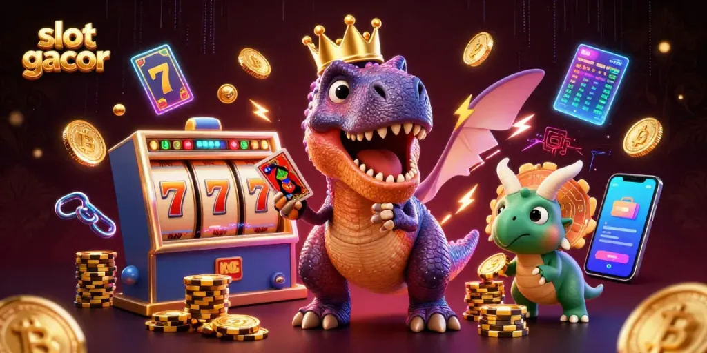 Slot gacor menciptakan suasana berenergi dengan karakter kartun T-Rex dan elemen mesin slot.
