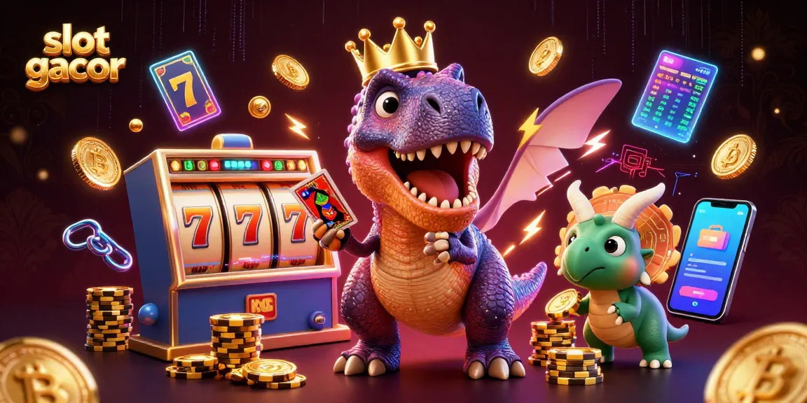 Slot gacor menciptakan suasana berenergi dengan karakter kartun T-Rex dan elemen mesin slot.