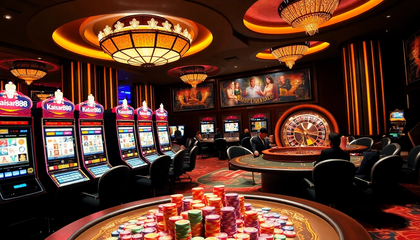 Kaisar888 slot machines glowing in a luxurious casino, inviting players to try their luck.